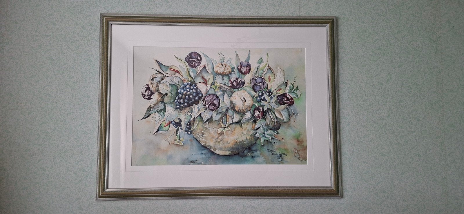 Schilderij: Bloemen en fruit in vaas, aquarel, ingelijst, Ophalen, Stilleven, Handgeschilderd, Papier