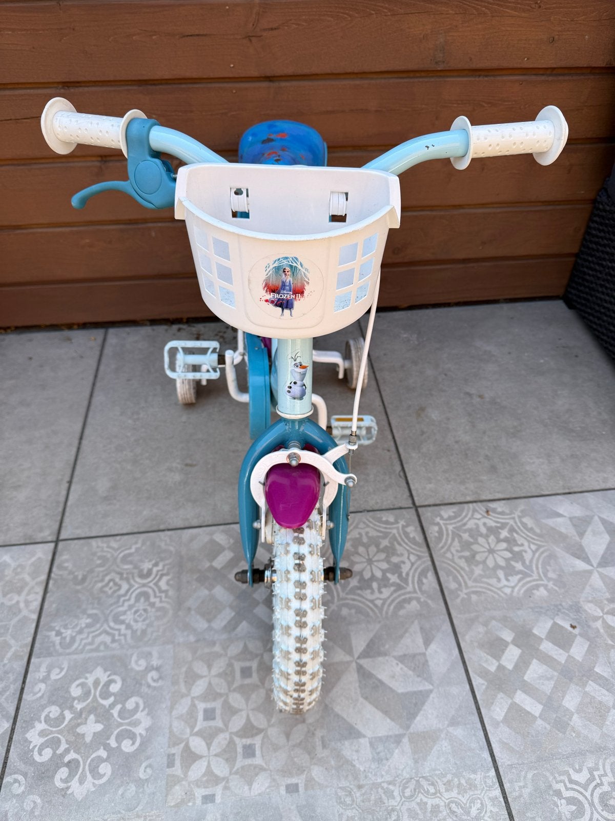 Disney Frozen 2 Kinderfiets - Meisjes - 12 inch - Blauw/Paar, Ophalen, Zijwieltjes, Gebruikt, Velgrem