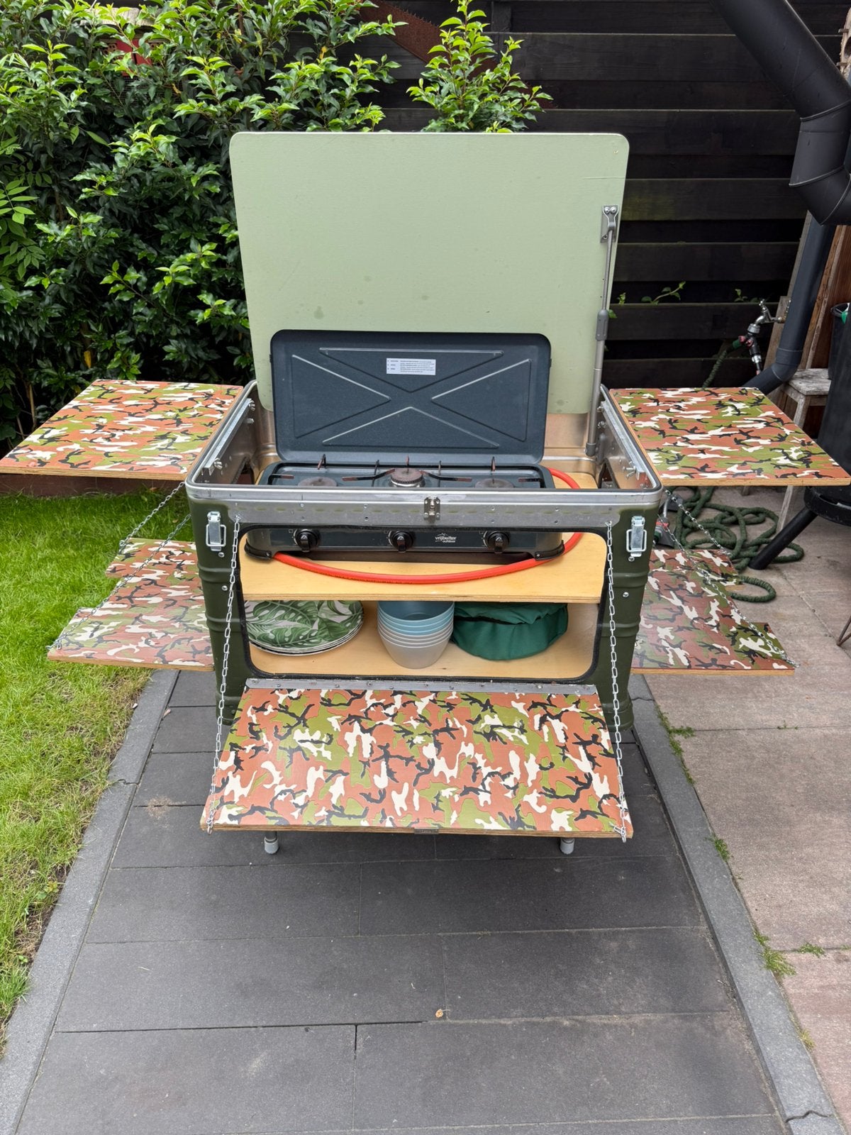 Campingkeuken Chuck box incl gasstel, Ophalen, Zo goed als nieuw, Campingkast