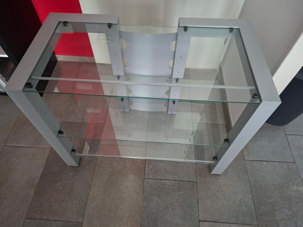 Moderne TV-meubel/audiorek met glazen planken, Huis en Inrichting, Kasten | Televisiemeubels, Ophalen, Gebruikt, Modern, Industrieel