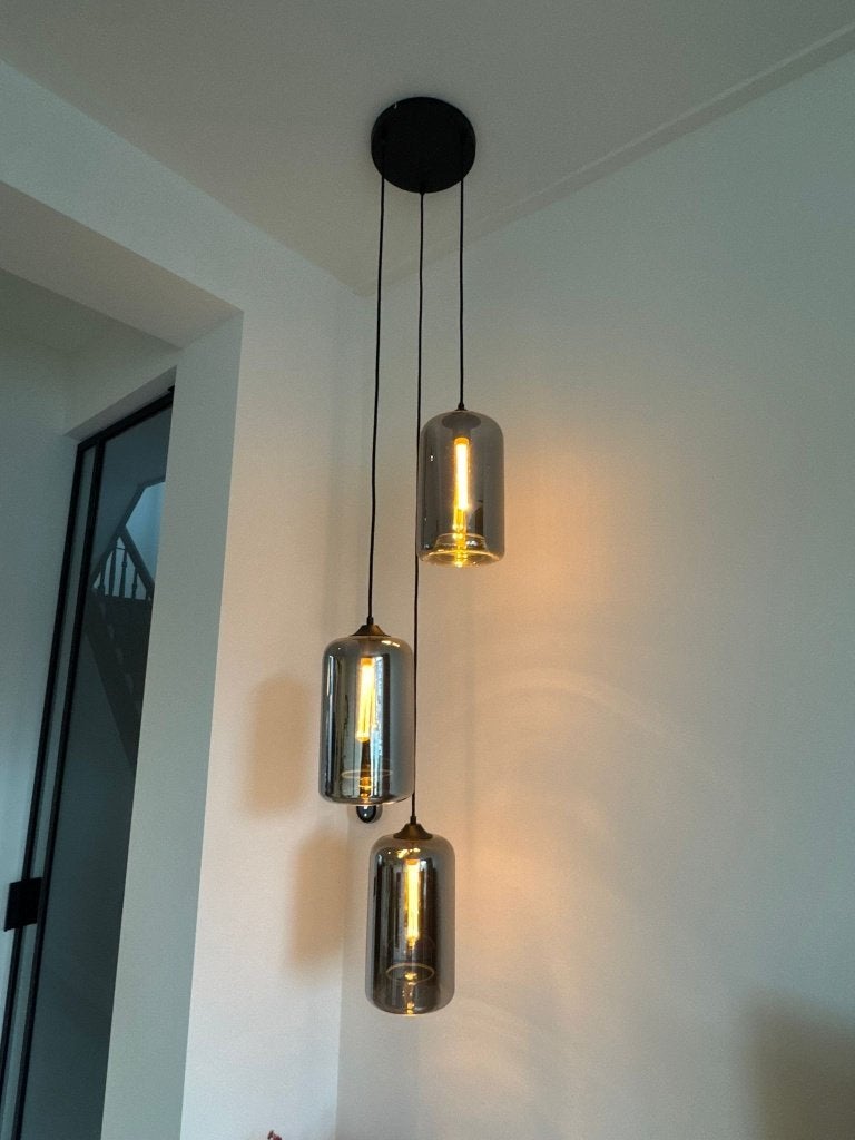Hanglamp 3-Lichts Zwart met Rookglas | Moderne Designlamp, Ophalen, Zo goed als nieuw, Glas
