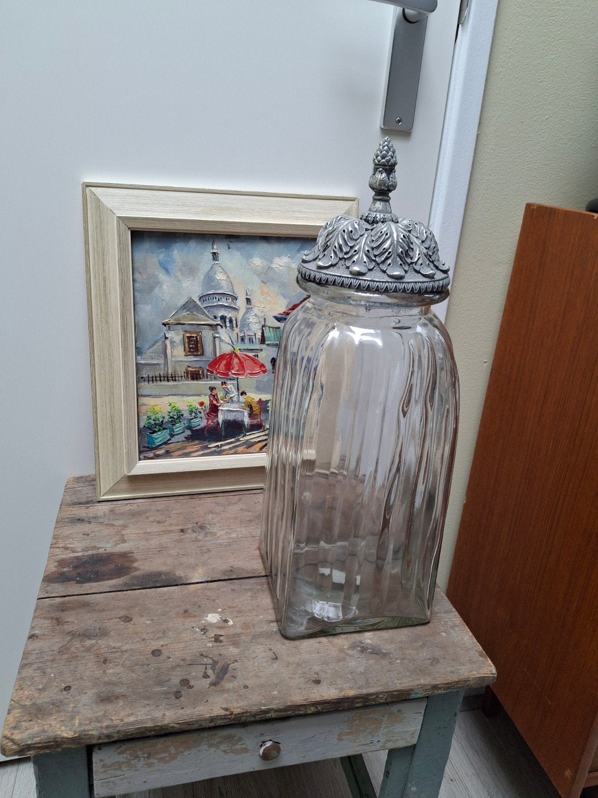Prachtige Brocante Glazen Dekselpot Snoeppot, Ophalen of Verzenden