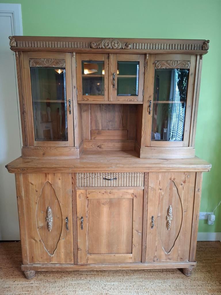 Buffetkast, massief grenen, gebogen glas, landelijk vintage, Ophalen
