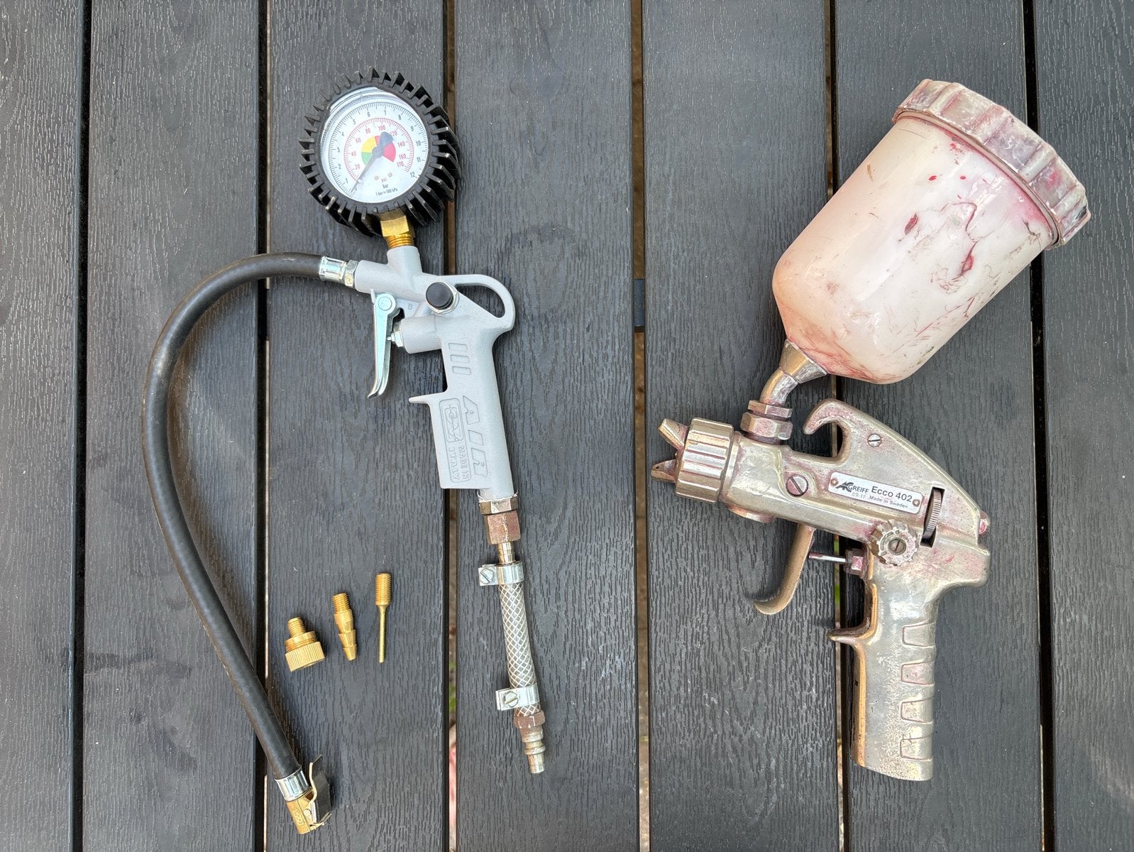 Verfspuit en bandenpomp met manometer, Doe-het-zelf en Verbouw, Compressors, 25 tot 100 liter, Ophalen of Verzenden, Gebruikt