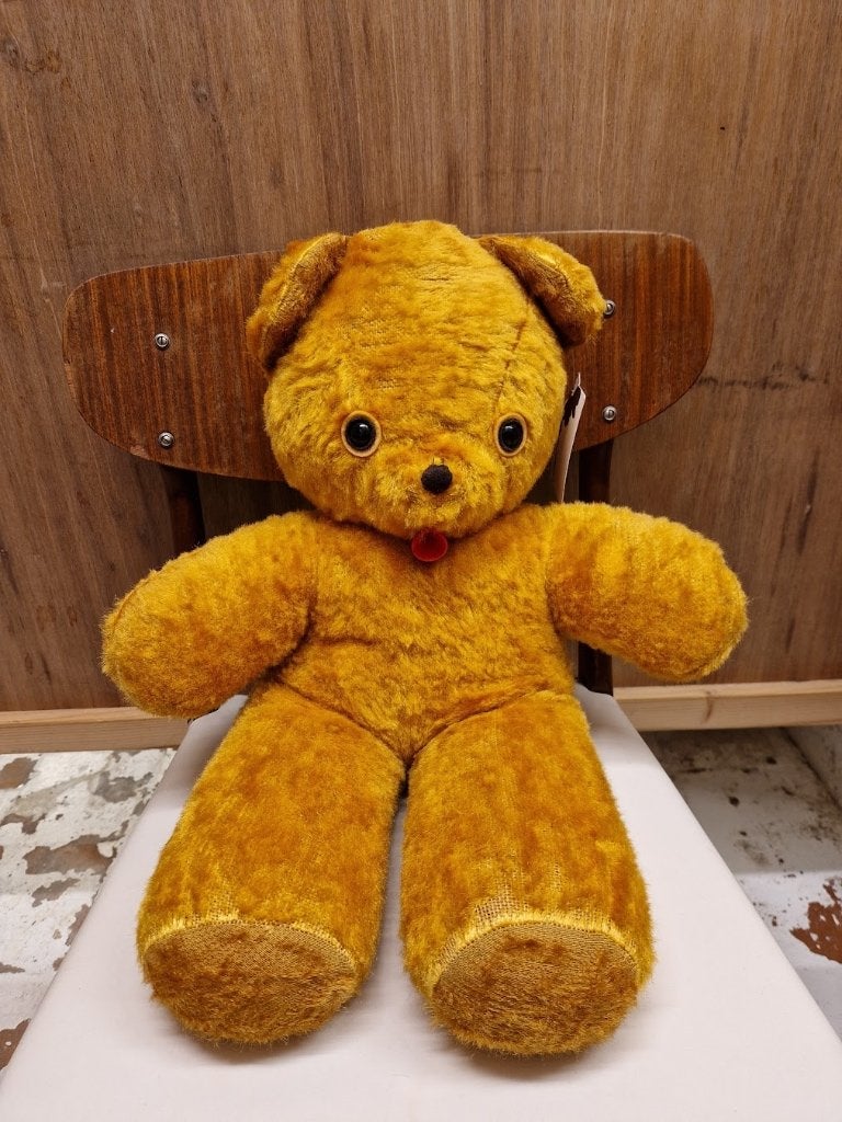 Grote vintage goud-gele teddybeer knuffel met rood tongetje, Ophalen, Gebruikt, Overige merken, Overige karakters