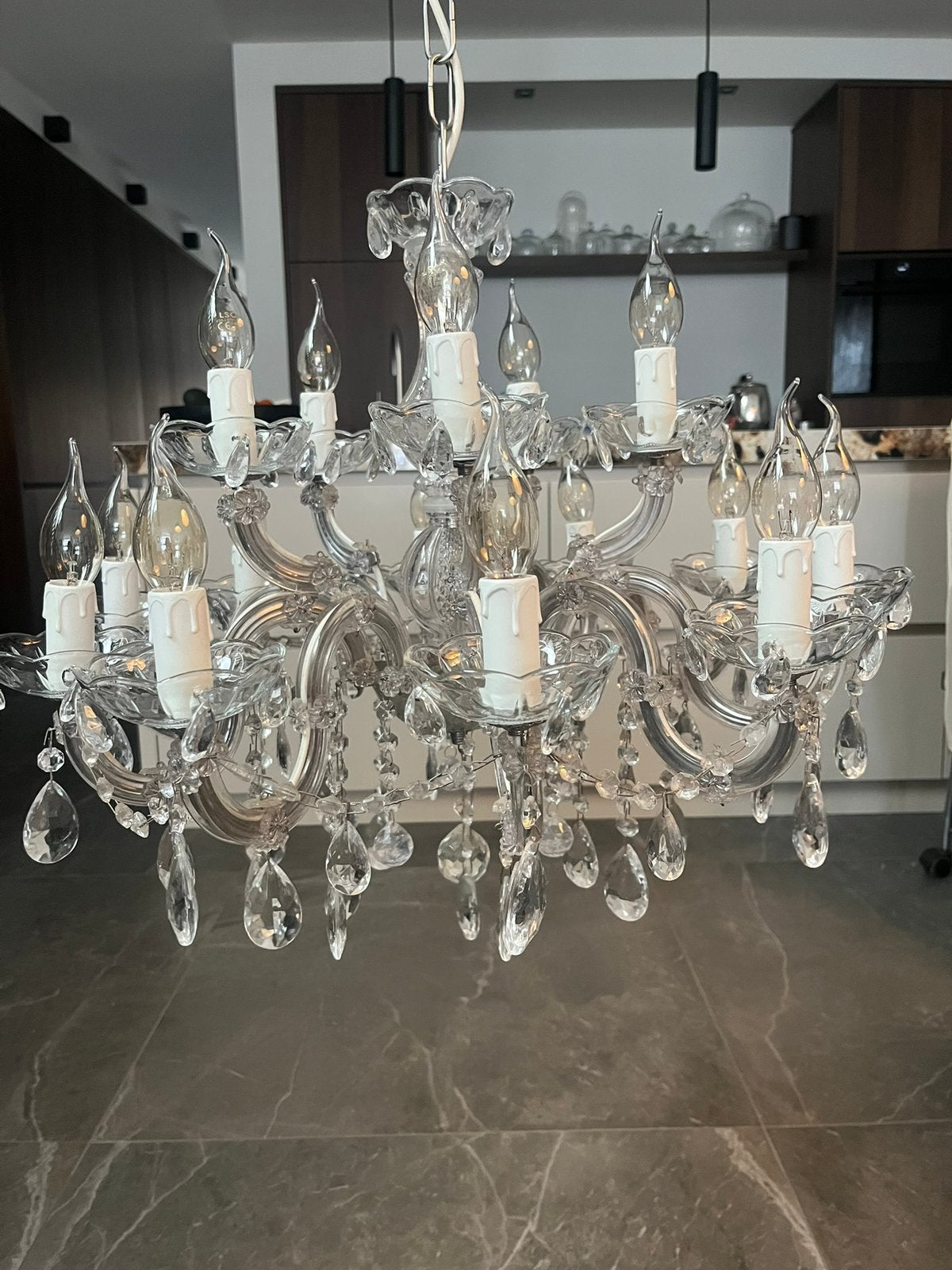 Glazen 15 - armige kroonluchter., Huis en Inrichting, Lampen | Kroonluchters, Ophalen, Zo goed als nieuw, Glas
