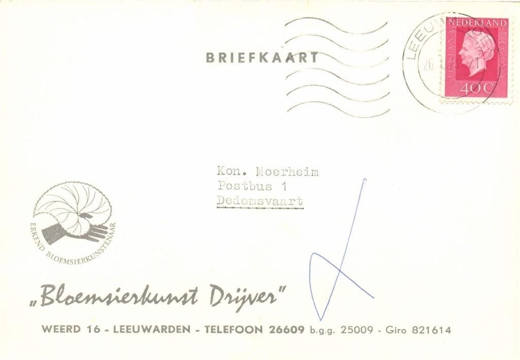 Bloemsierkunst Drijver, Leeuwarden - 10.1973 - briefkaart, Ophalen of Verzenden, Briefkaart
