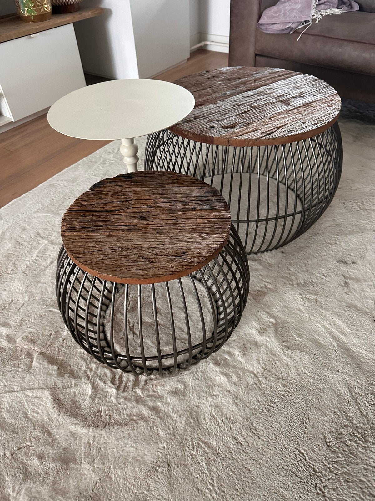 Set van 3 bijzettafels: 2x hout/metaal, 1x wit staal, Minder dan 50 cm, Gebruikt, Rond, Ophalen of Verzenden