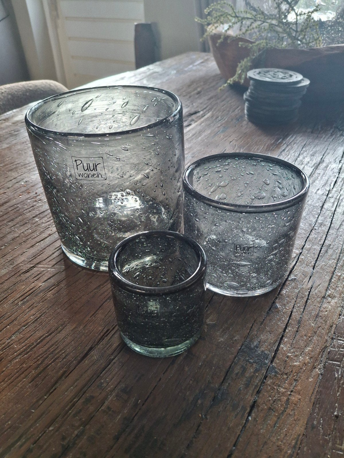 Set van 3 Puur Wonen windlichten smokey gray, Ophalen, Waxinelichthouder, Grijs, Glas