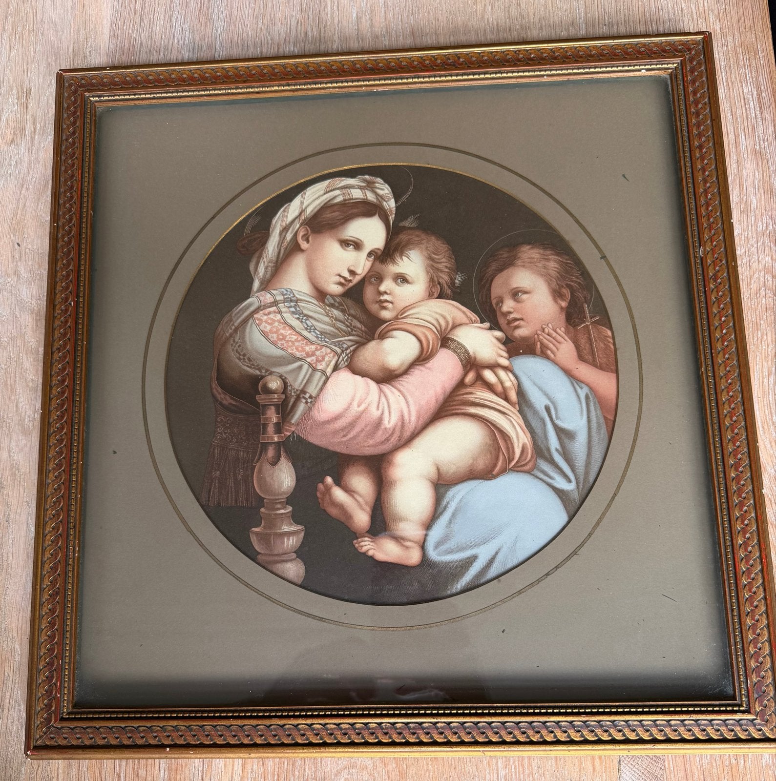 Antieke Madonna della Sedia reproductie, Rafael, Antiek en Kunst, Ophalen, Paneel, Portret of Personen, Overige technieken