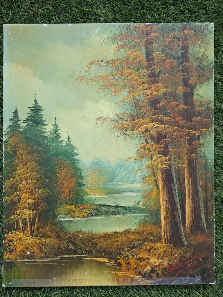 Schilderij boslandschap met water, gesigneerd, Ophalen of Verzenden