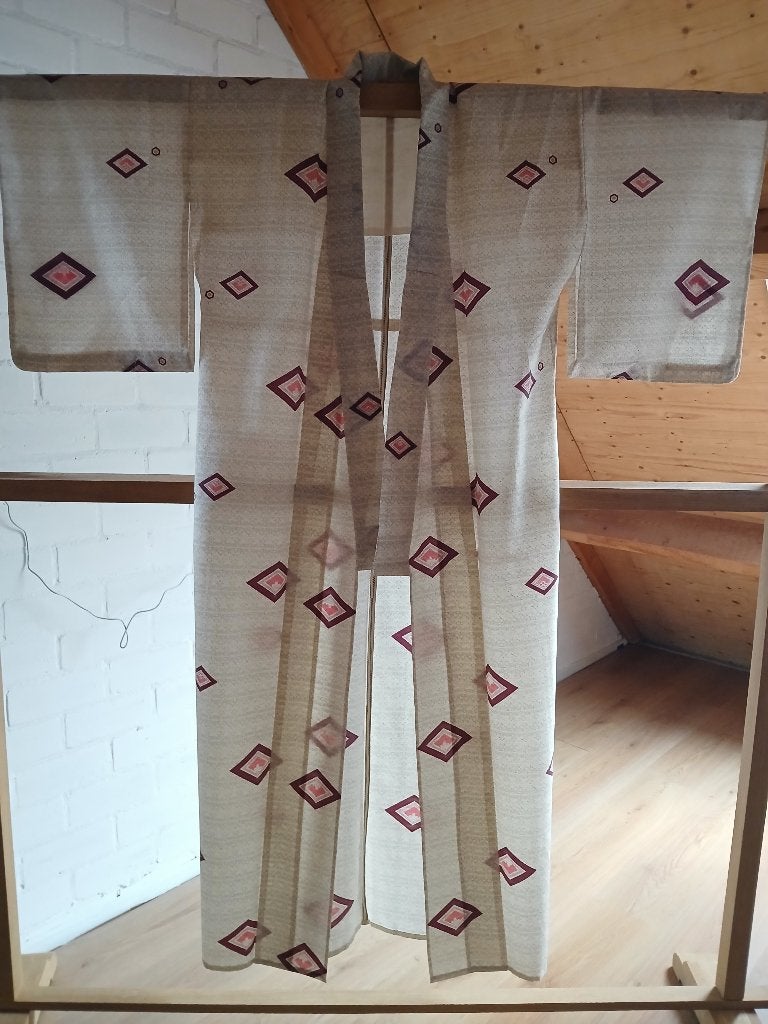 Traditionele Japanse Kimono hitoe white hishi, Ophalen of Verzenden