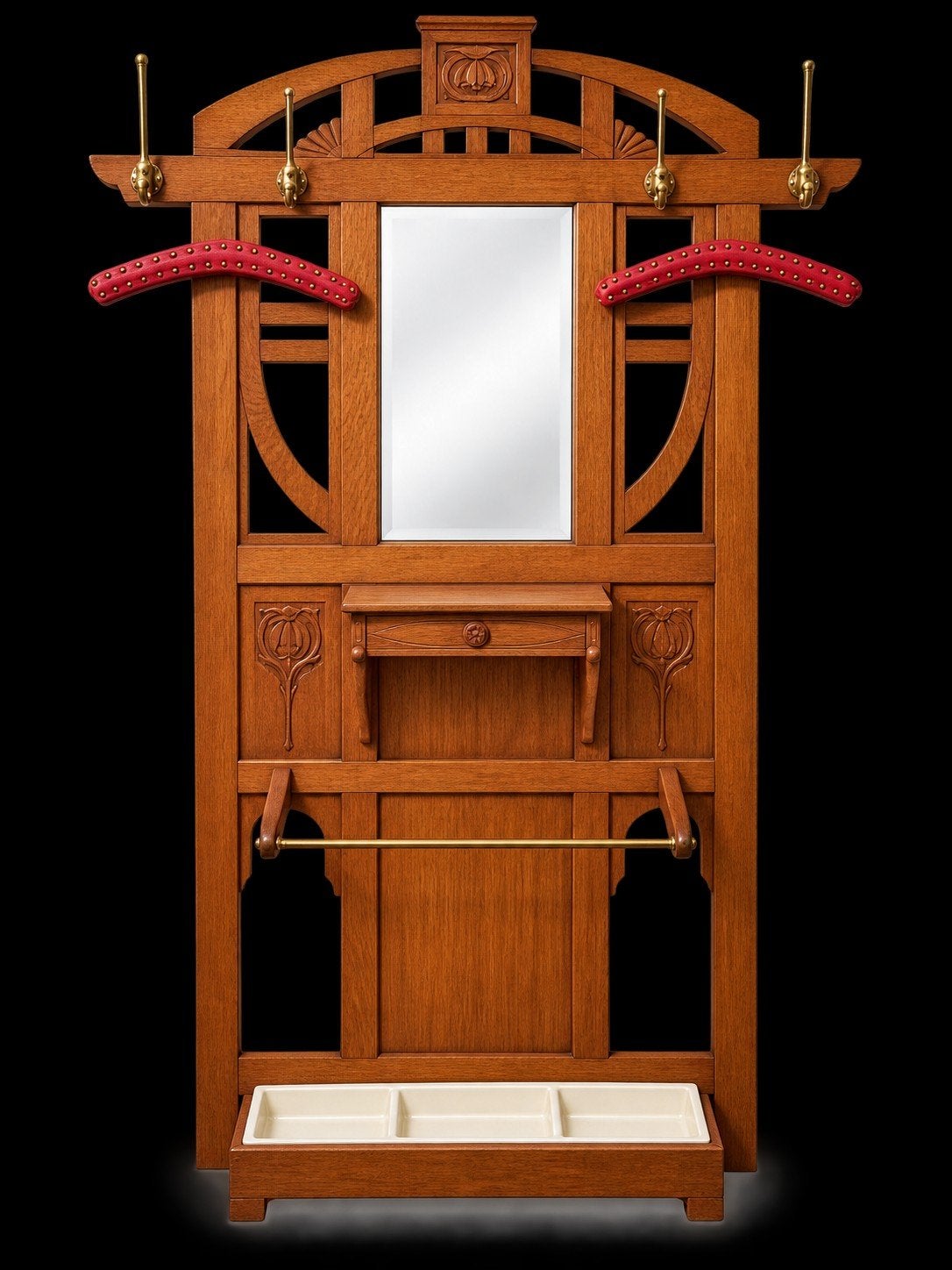 Prachtige antieke houten kapstok / halmeubel met spiegel, Ophalen, Rechthoekig