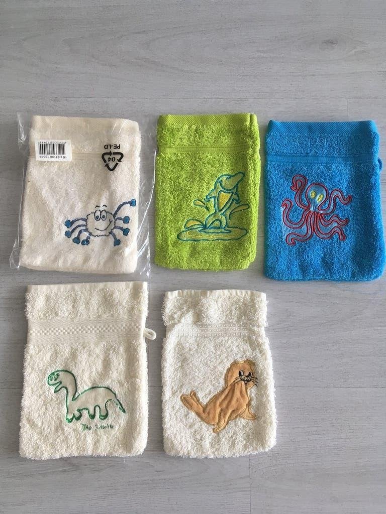 5 washandjes met leuke applicatie, Ophalen of Verzenden, Nieuw, Overige typen