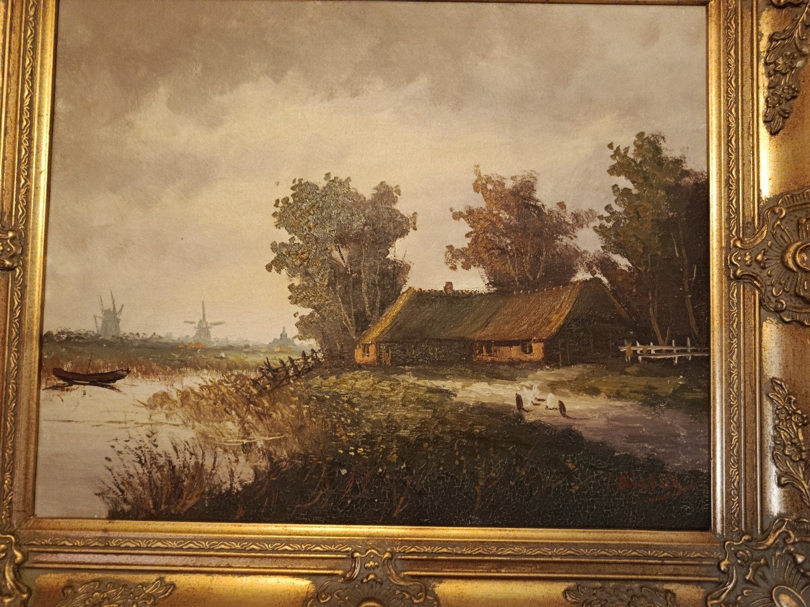 Schilderij met Hollands landschap en molens, 65x55 cm, Ophalen of Verzenden