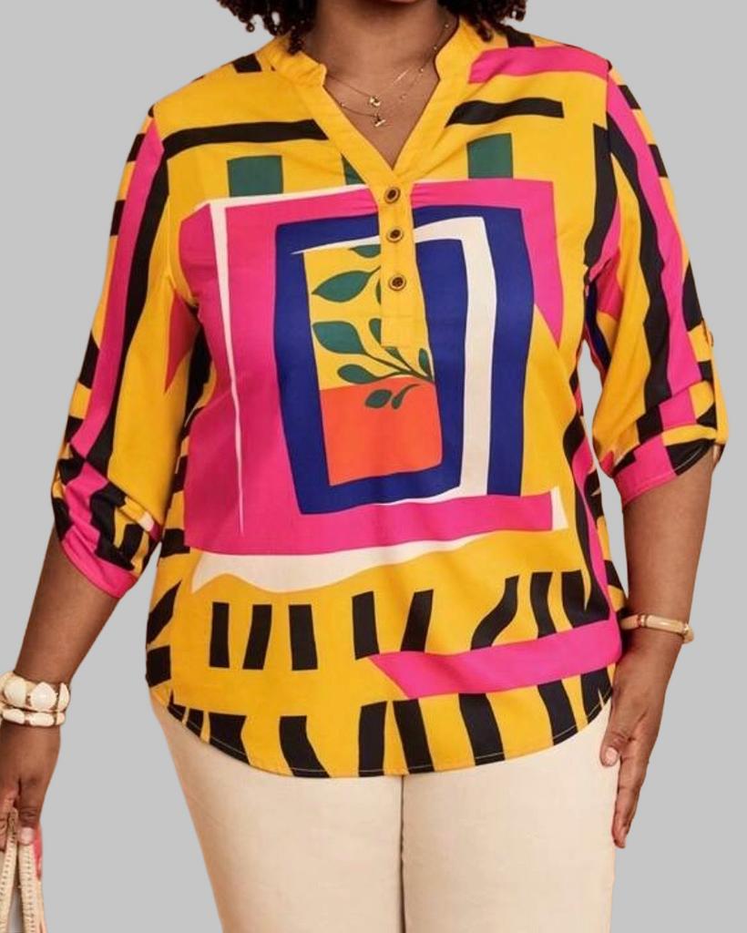 Kleurrijke Blouse met Abstracte Print en V-hals (46-54), Kleding | Dames, Grote Maten, Verzenden, Nieuw, Geel, Blouse of Tuniek