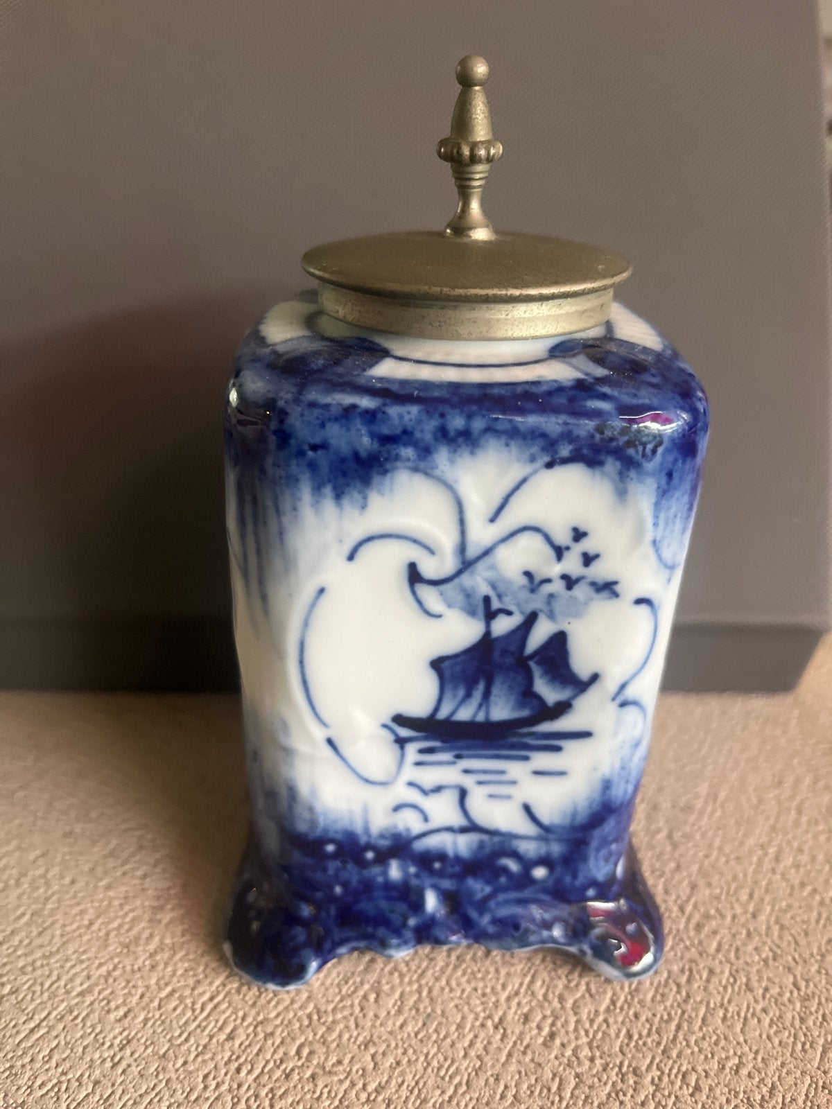 Antieke Delfts Blauwe Pot met Scheepsdecoratie, Ophalen of Verzenden