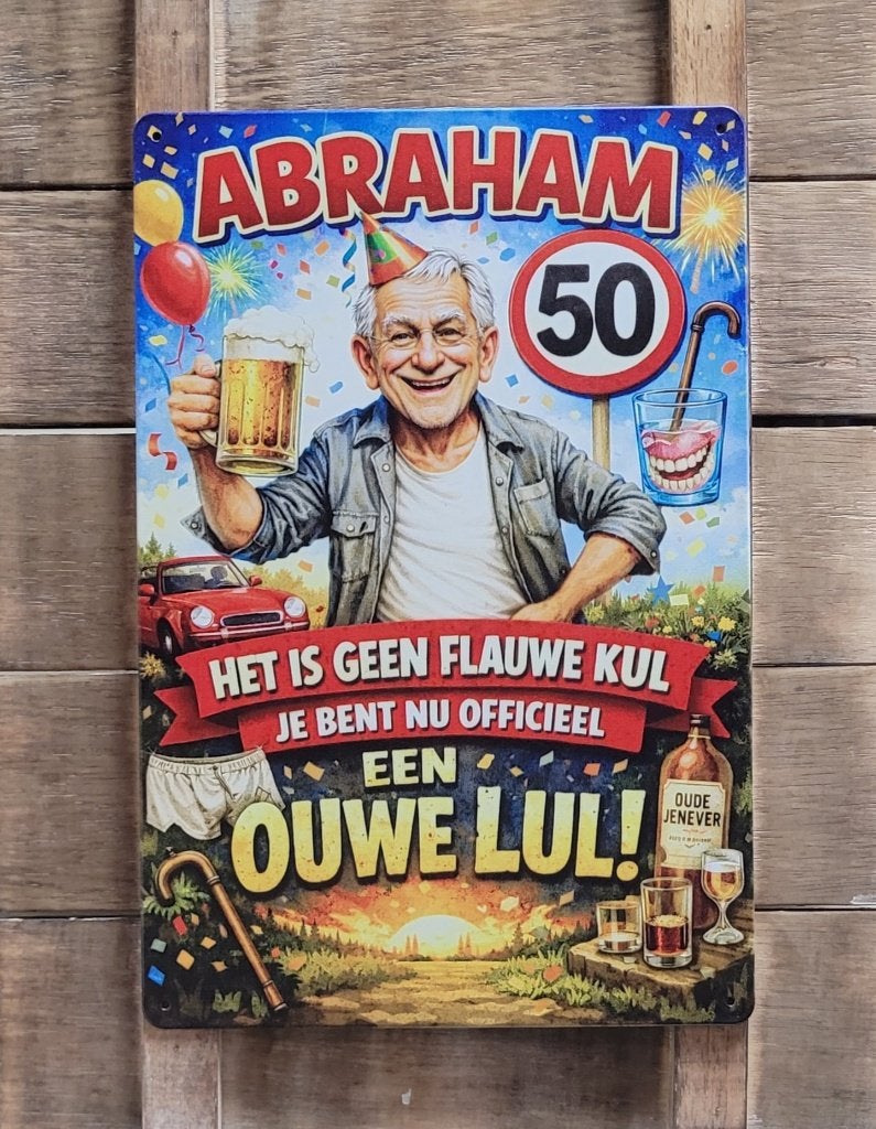 Abraham geen flauwe kul ouwe lul reclamebord van metaal deco, Info@deconoord.nl, Deco Noord, Nieuw, Ophalen of Verzenden