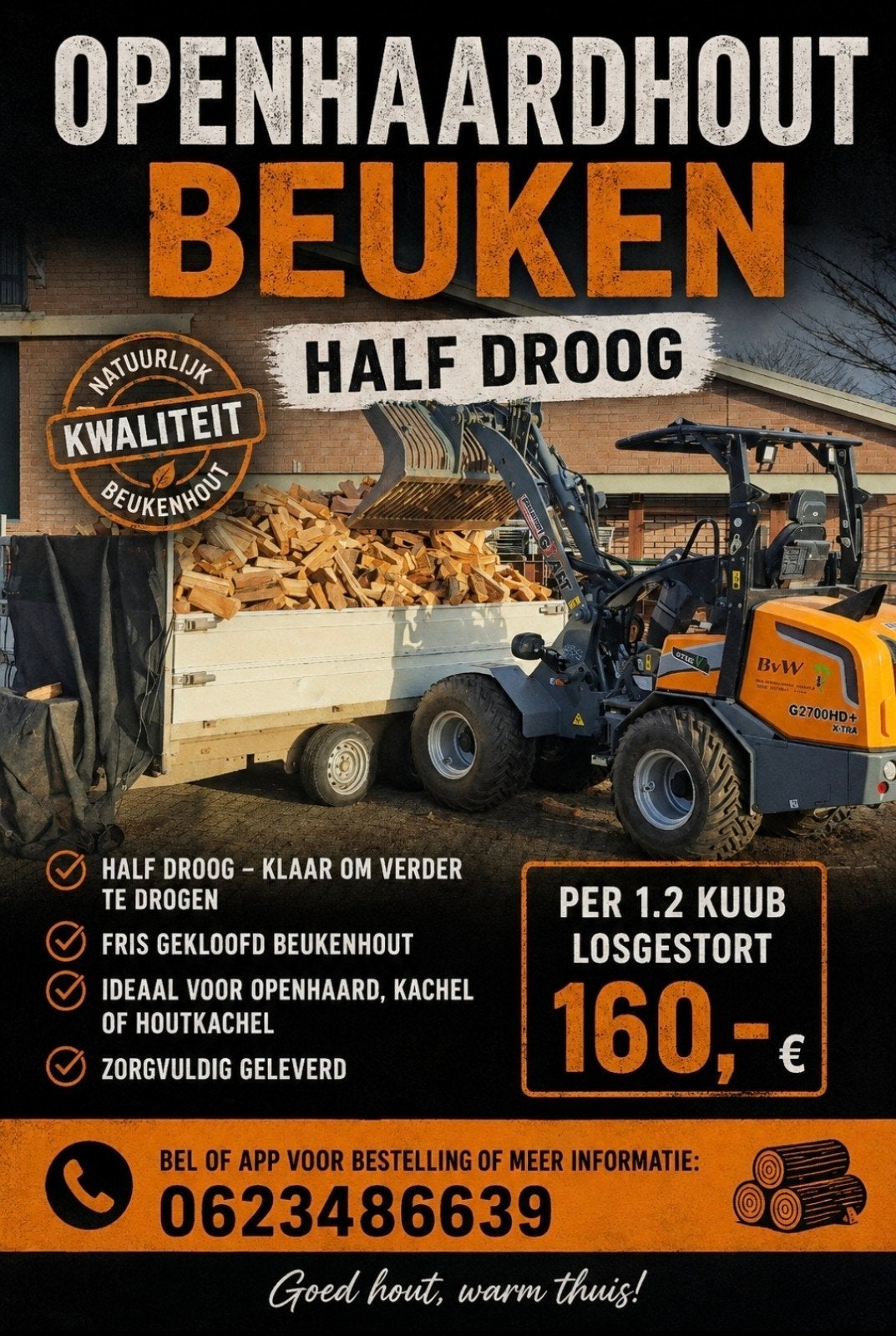 Openhaardhout Beuken - Half Droog 1.2 m3 losgestort, Tuin en Terras, Haardhout, Minder dan 3 m³, Ophalen, Beukenhout, Blokken