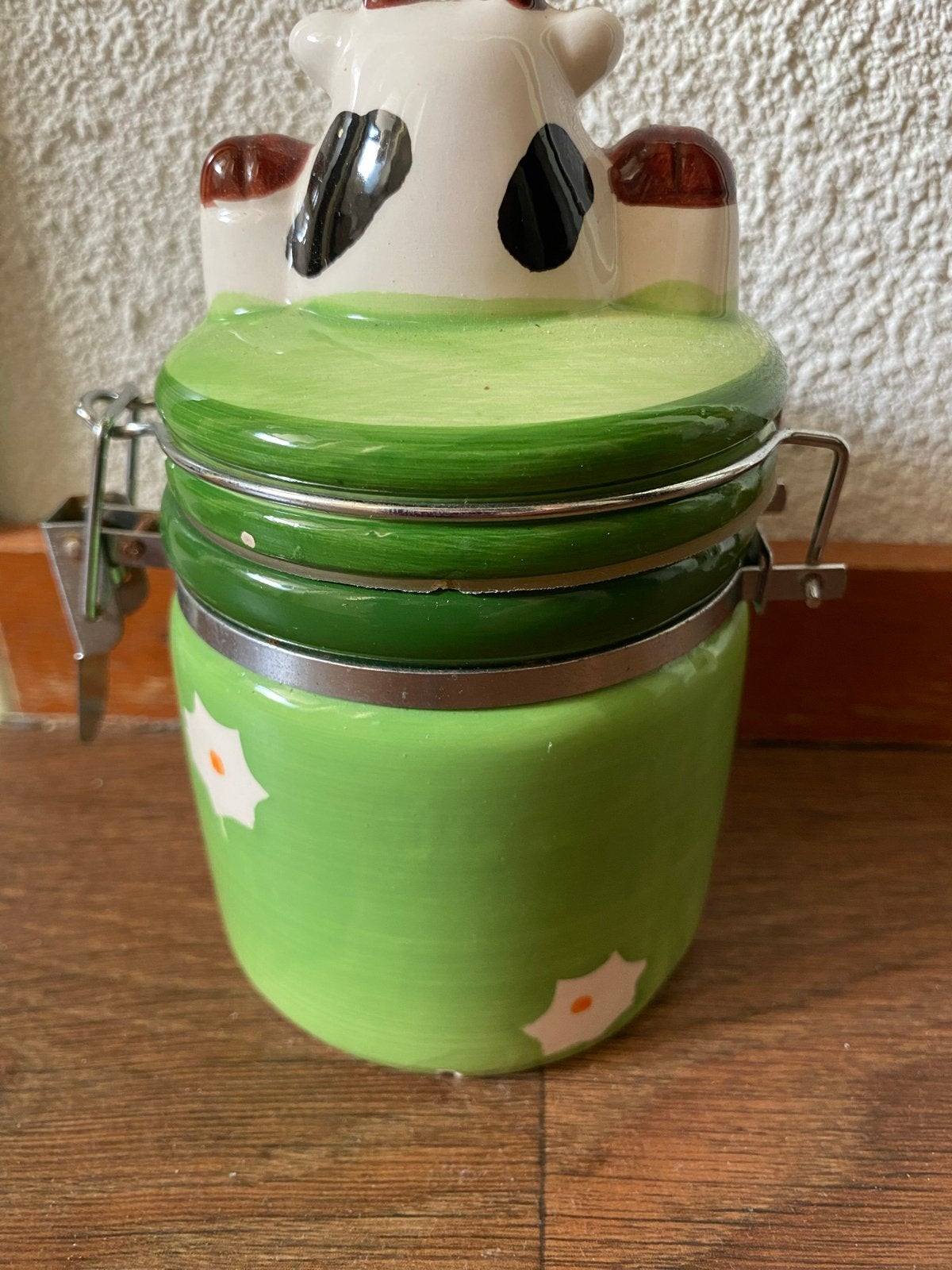 Leuke voorraadpot met koeienkop - Groen, Ophalen of Verzenden, Voorraadpot, Steen/keramiek, Overige merken