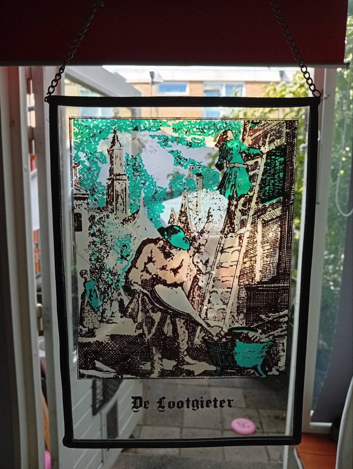 Vintage glas-in-lood raamhanger 'De Loodgieter', Ophalen of Verzenden
