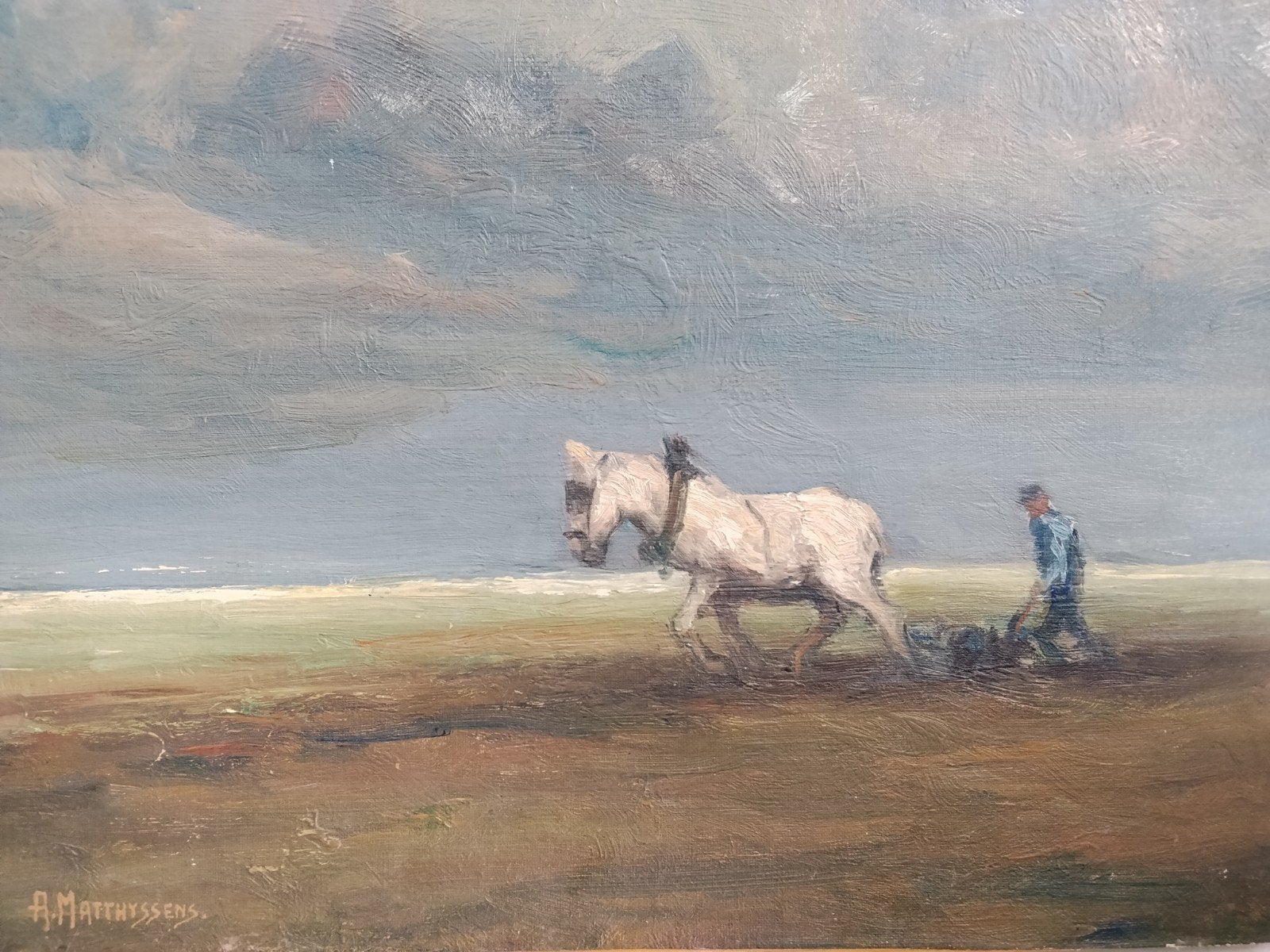 A. Matthyssens Belgische schilder ploegende boer schilderij, Ophalen of Verzenden