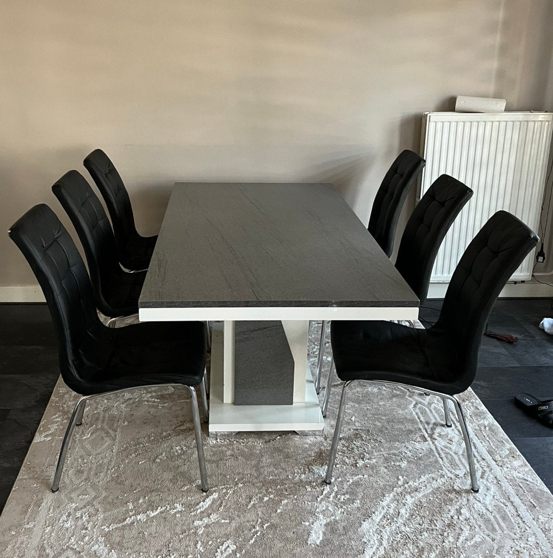 Marmer eettafel + 6 stoelen, Huis en Inrichting, Tafels | Eettafels, Ophalen of Verzenden, Zo goed als nieuw, Rechthoekig, 50 tot 100 cm