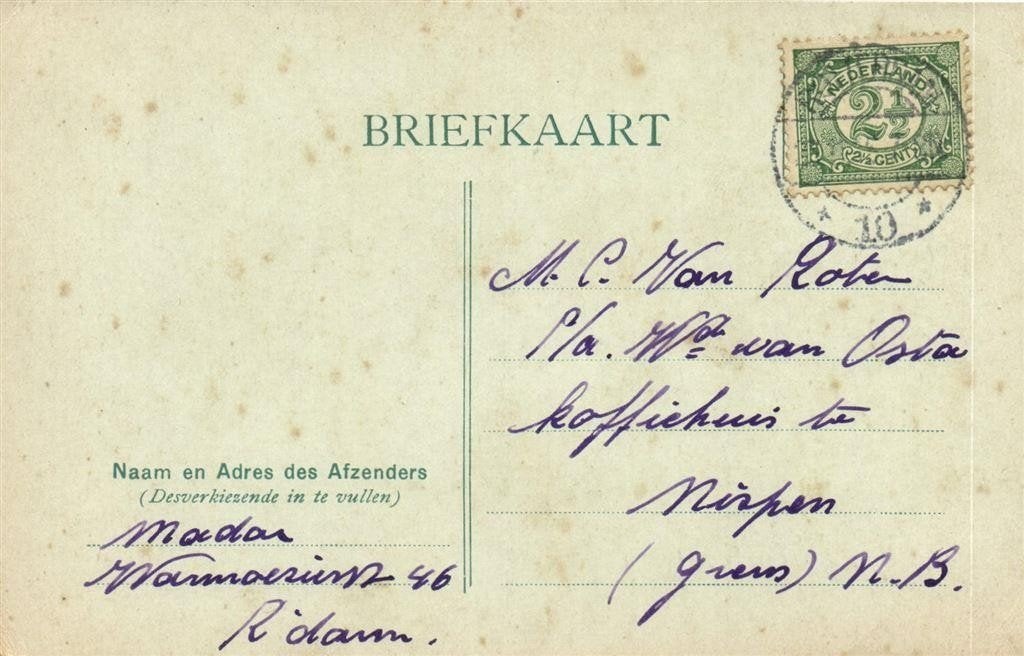 Madar, Rotterdam - briefkaart - 1919? geschreven en verzonde, Ophalen of Verzenden, Briefkaart