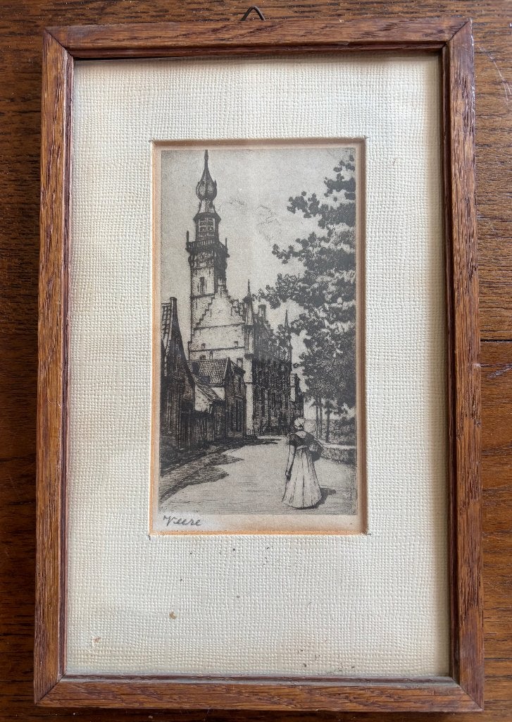 Veere Louis Heymans ets, Ingelijst, Ets, Stadsgezicht, Ophalen of Verzenden