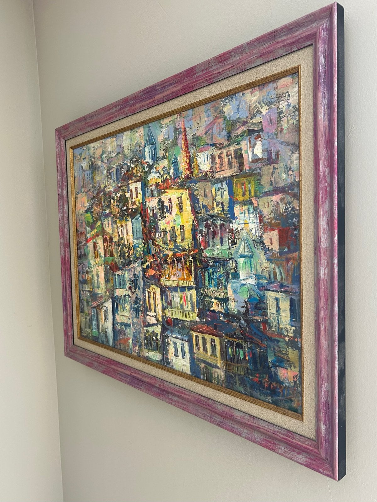 Kleurrijk Schilderij van Tbilisi Stadsgezicht, Antiek en Kunst, Kunst | Schilderijen | Modern, Ophalen, Stadsgezicht, Textiel