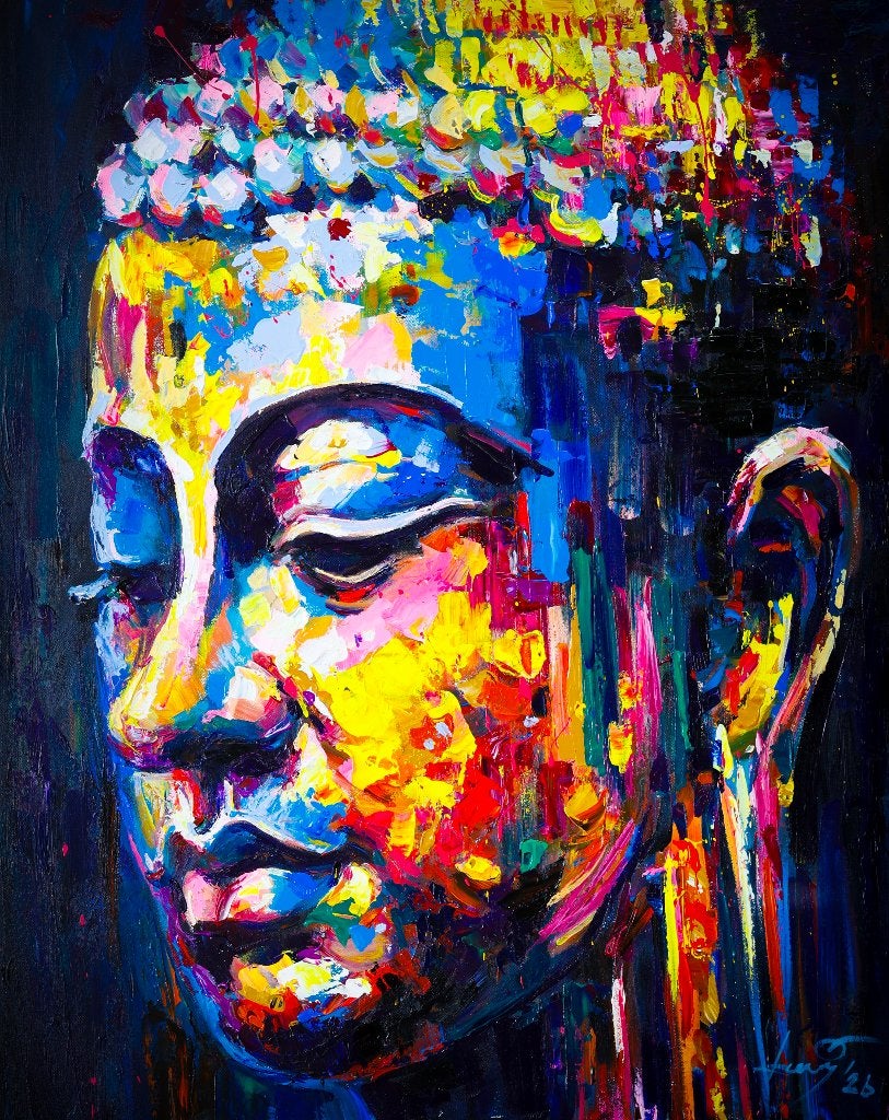 Boeddha schilderij 80 x 100 cm – handgeschilderd & uniek, Ophalen of Verzenden