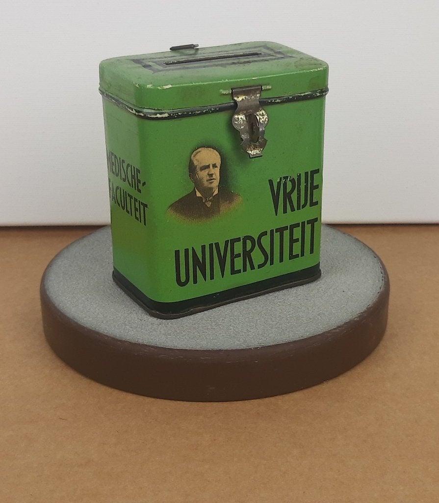 a019-Vintage collecte blikje of busje, vrije universiteit., Verzamelen, Blikken, Ophalen of Verzenden, Gebruikt, Overige, Overige merken