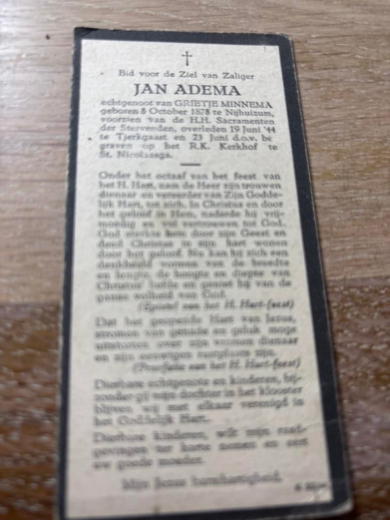 Adema Jan  1878 Nijhuizum 1944 Tjerkgaast x Minnema -28421, Ophalen of Verzenden, Bidprentje
