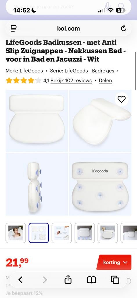 LifeGoods Badkussen - met Anti Slip Zuignappen - Nekkussen, Lifegoods, Overige typen, Ophalen of Verzenden, Zo goed als nieuw
