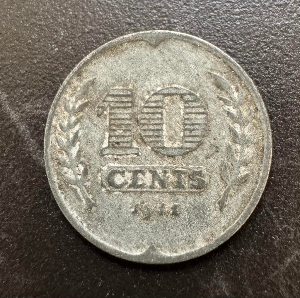 Oorlogsgeld zinken dubbeltje nederland 1941 2e wereld oorlog, Postzegels en Munten, Munten | Nederland, Losse munt, 10 cent, Koningin Wilhelmina