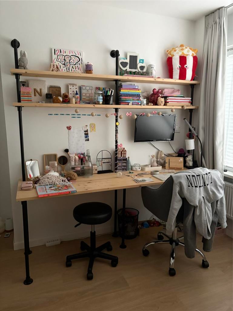 Bureau 200x60cm, massief vuren, steigerbuis, industrieel, Ophalen, Gebruikt