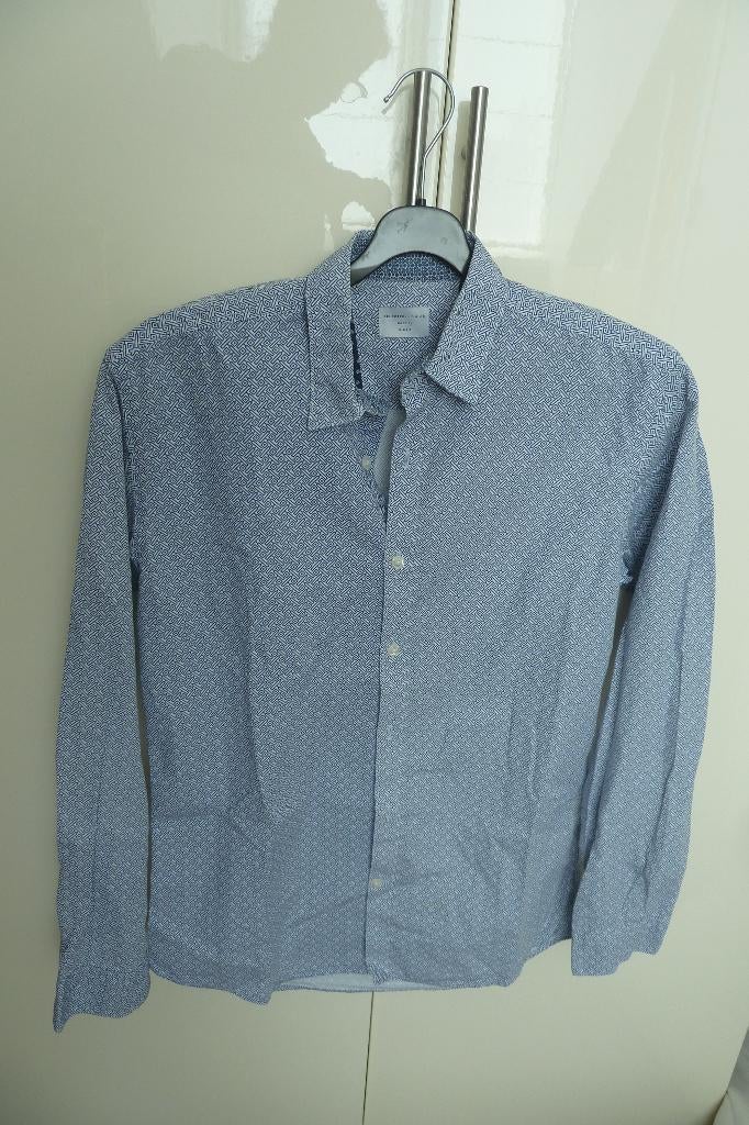 Overhemd grijs/blauw/wit Selected Homme maat S(38) slim fit, Ophalen of Verzenden, Zo goed als nieuw, Blauw, Halswijdte 38 (S) of kleiner