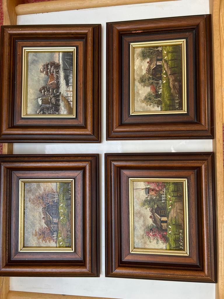 4 Schilderijtjes van J. Verda - De Vier Seizoenen, Antiek en Kunst, Ophalen of Verzenden