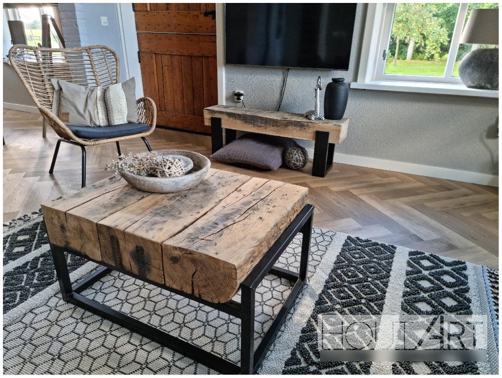 TE KOOP: INDUSTRIËLE SALONTAFEL stalen frame met spoorbiels, 100 tot 150 cm, Info@hout-art.nl, Nieuw, Overige houtsoorten