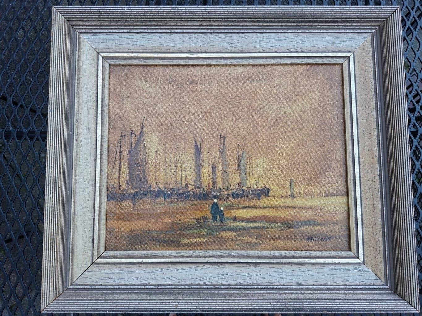 Schilderij bomschuiten op het strand van Scheveningen, Maritiem / water, Nederlandse school, Doek, Ophalen of Verzenden