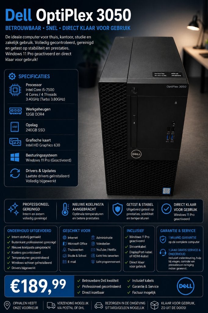 🔥Dell OptiPlex 3050 i5-7500 12GB 256GB SSD Win11 garantie✅, Computers en Software, 256 GB, Ophalen of Verzenden, Zo goed als nieuw