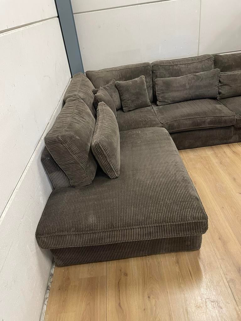 Mooie luxe bruine taupe ribstof hoekbank - GEREINIGD!!!, Ophalen, 250 tot 300 cm, Luxe, Hoekbank