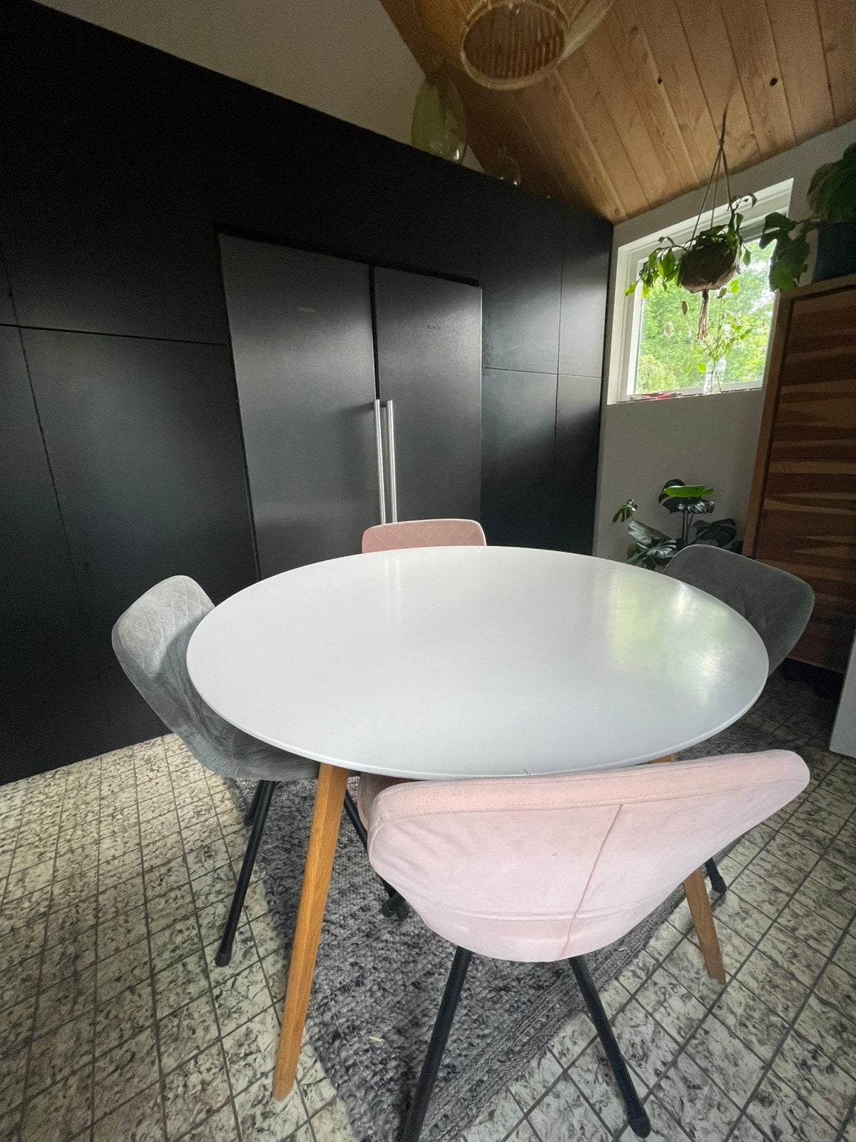 Eethoek eettafel rond 120 cm wit met eetkamerstoelen stoelen, Huis en Inrichting, Ophalen, Gebruikt, Rond, Vier personen