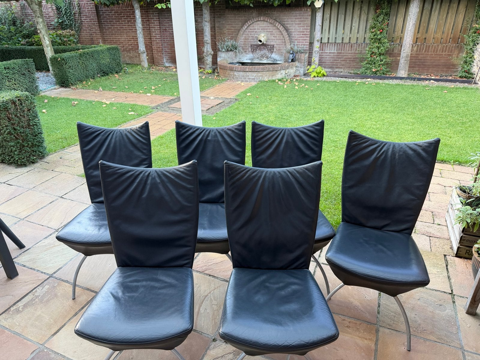 8 Donkerblauwe leren eetkamerstoelen, Huis en Inrichting, Ophalen, Gebruikt, Blauw, Leer