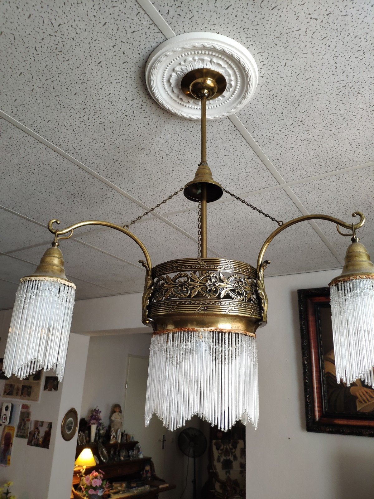 Antieke koperen Art Deco hanglamp met glazen staafjes, Ophalen of Verzenden