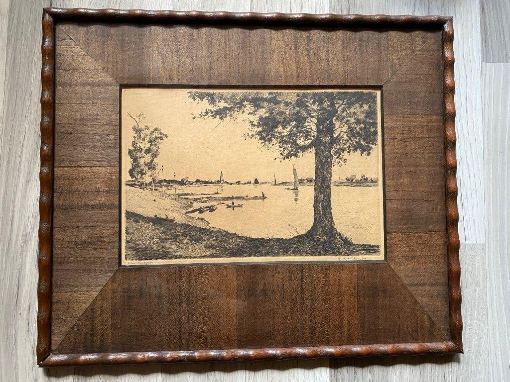 Ets Hendrik Roodenburg "Rijn Bij Rhenen" 87/100 topstaat, Ets, Origineel, Ophalen of Verzenden, Landschap