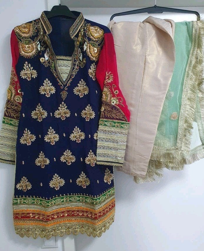 Indiase Afghaanse Kameez Broek Dupatta 3-delige feest Set, Ophalen of Verzenden, Zo goed als nieuw, Maat 36 (S), Blauw