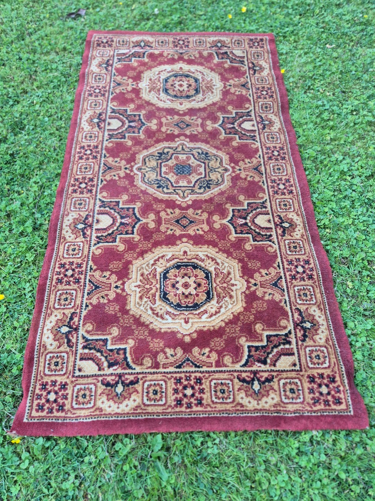 Mooi vloerkleed rood, blauw, geel, lichtbruin (155x80cm), Zo goed als nieuw, 150 tot 200 cm, Rechthoekig, Rood