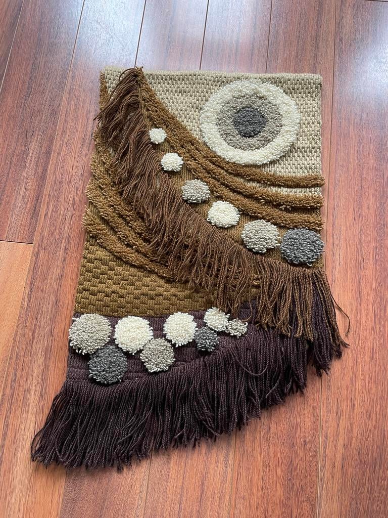 Handgemaakt wollen wandkleed - Bruin, beige, crème, grijs, Huis en Inrichting, Ophalen of Verzenden, Zo goed als nieuw