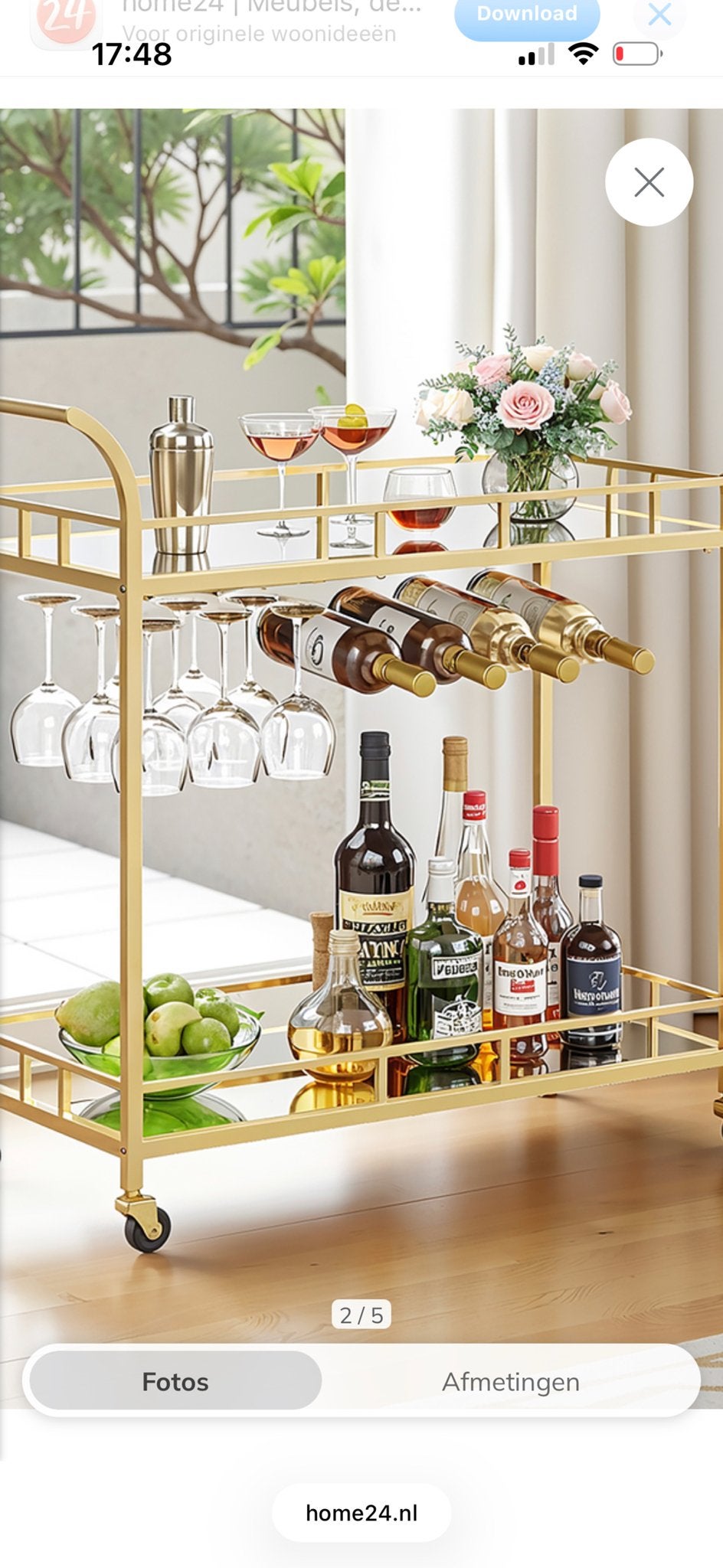 Luxe gouden serveerwagen/barcart met spiegelbladen, Ophalen, Nieuw